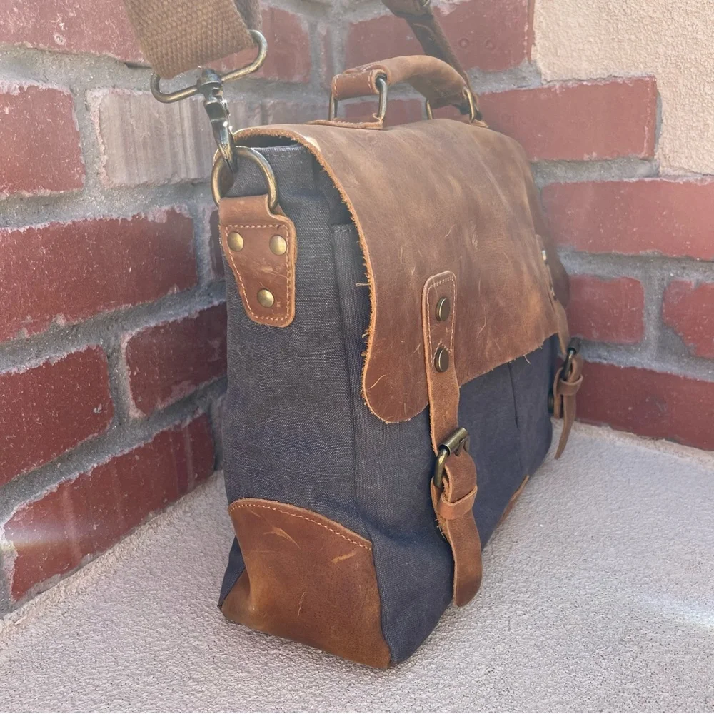 🆕WOWBOX 14” Canvas & Crazy Horse Leather Laptop Messenger Satchel Bag